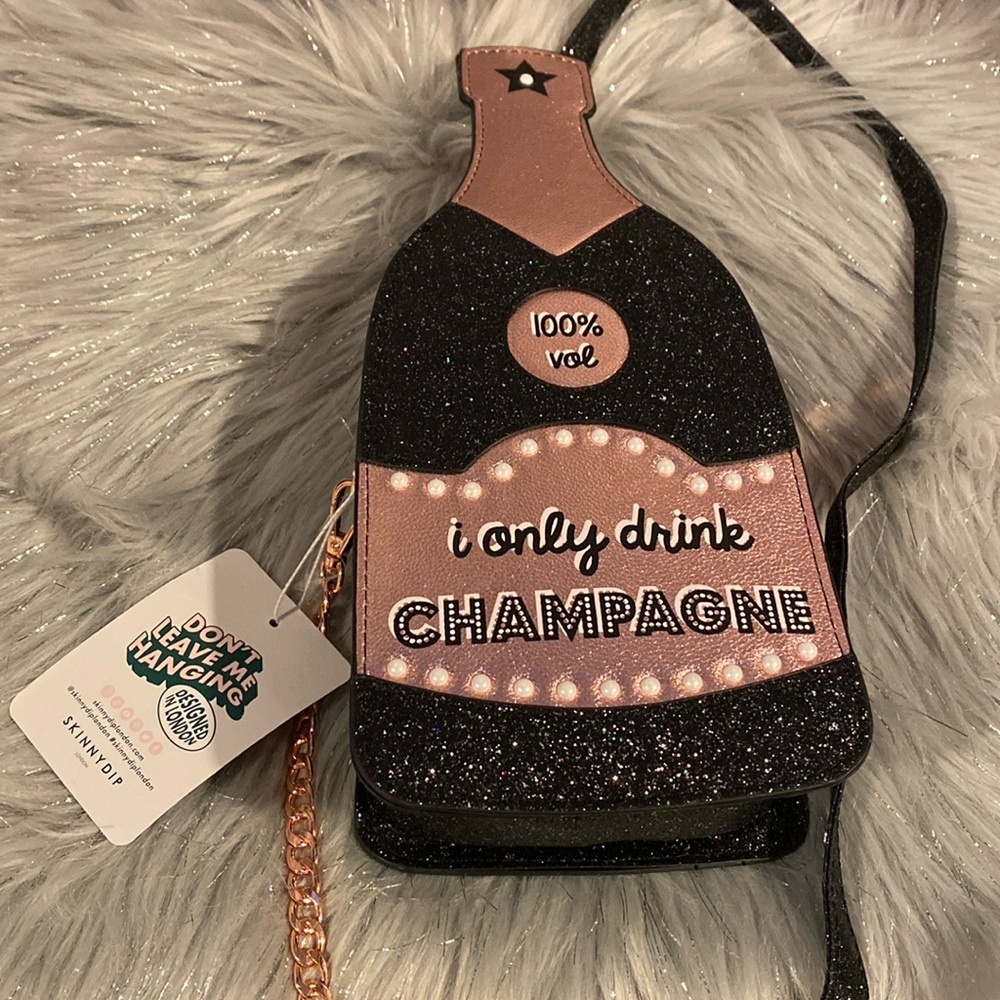 BNWT SKINNYDIP I Only Drink Champagne Celebration Rose Gold Black Crossbody Bag